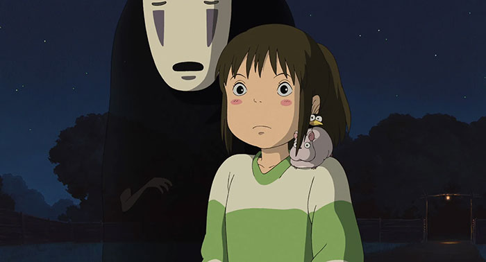 Animated girl with strong-female-protagonist qualities stands with mysterious spirit in a dark setting.