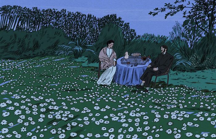 Whimsical and surreal illustration of a man and woman having a picnic in a daisy-filled meadow at twilight.