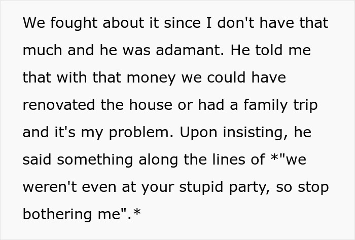 Text about a disagreement over finances for a $10K party and a stepdaughter's absence.