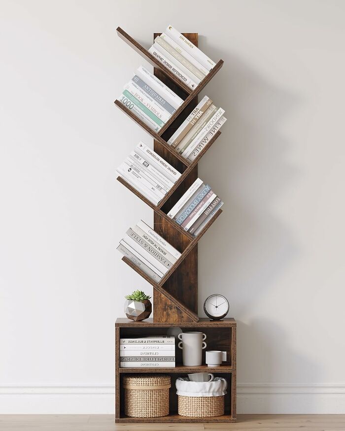 Wooden bookshelf with diagonal shelves and storage, popular Amazon furniture with excellent reviews.