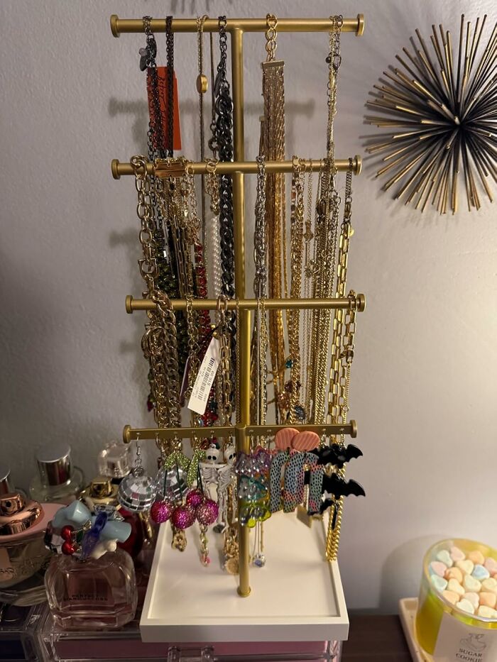 Jewelry organizer with necklaces and earrings, showcasing effective organization.