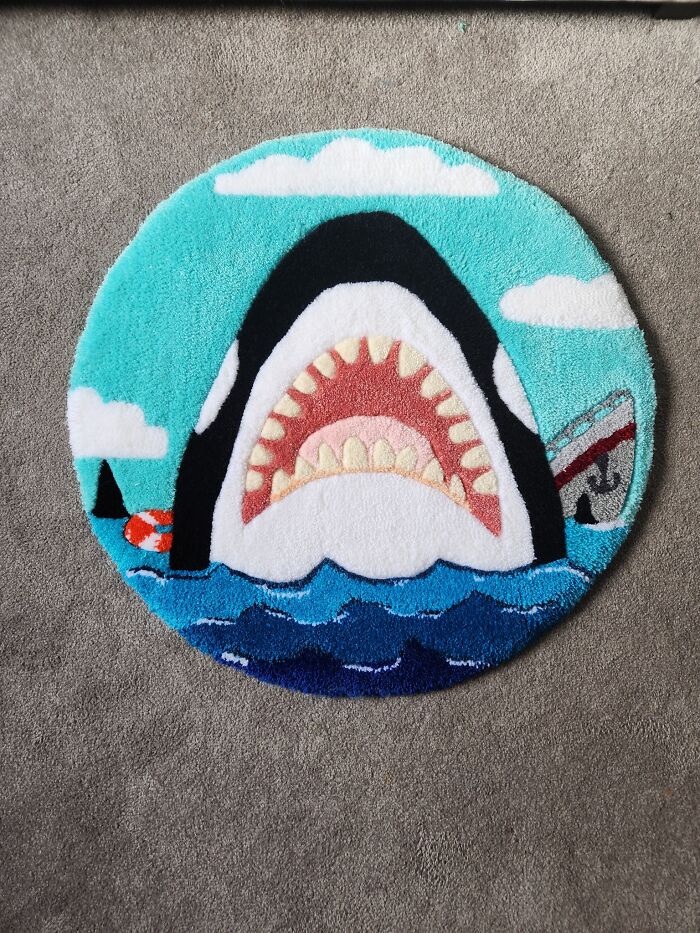 I Made This Silly Jaws-Esque Piece About It. This Was Made By Rug Tufting And Is 27" In Diameter