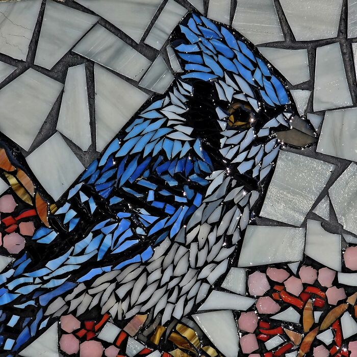 Blue Jay On Sakura. Stained Glass Mosaic