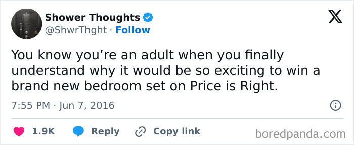 Tweet about being excited to win a bedroom set as a sign of adulthood, from the account Shower Thoughts.