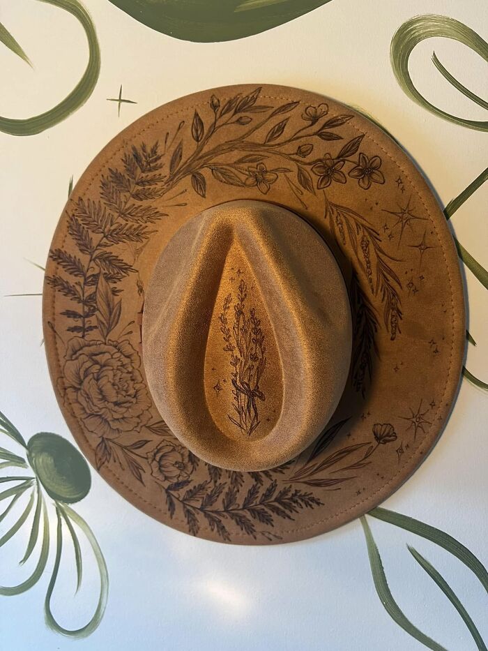 Hand Burned Using A Pyrography Tool On A Vegan Suede Hat