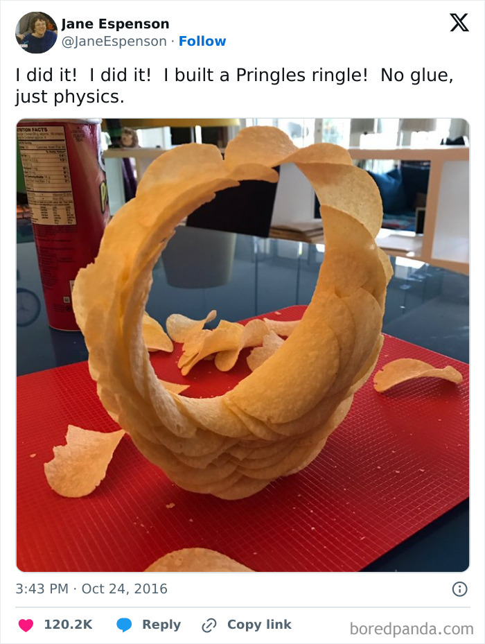 Pringles ring structure demonstrating physics humor in a science meme, without any glue used.