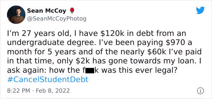 Tweet highlighting student debt struggle faced by today's lost generation with $120k loan and hashtag #CancelStudentDebt.