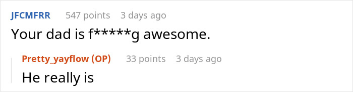 Reddit comment exchange with playful, humorous remarks related to dad being awesome.