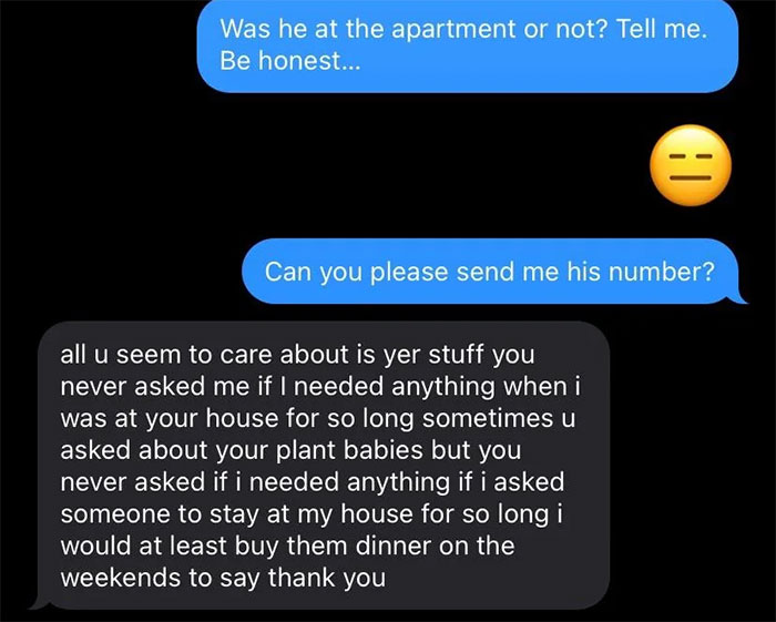 Text conversation about a roommate allegedly stealing stuff from an apartment.