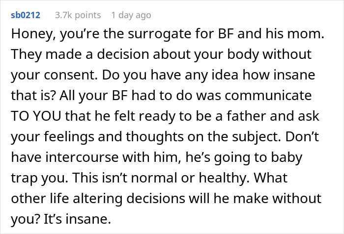 A comment discusses issues about a boyfriend hiding birth control pills and making decisions without consent.