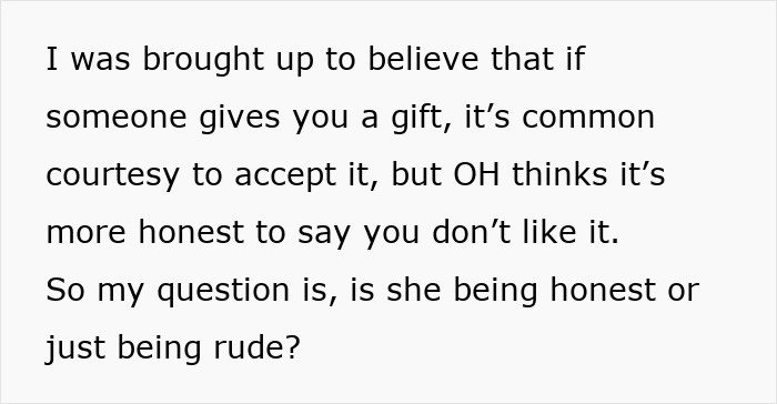 Text discussing whether honesty about gifts is polite or rude, highlighting a dilemma faced by a woman with her MIL.