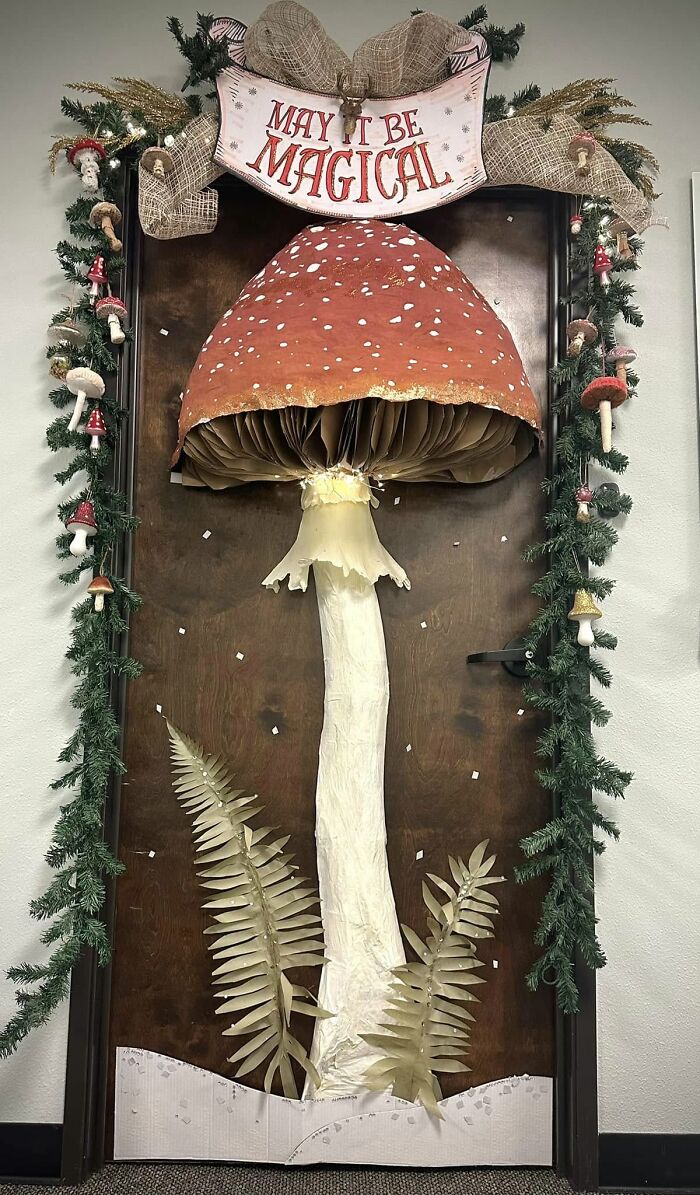 There Is A Door Decorating Contest Going On At My Company. I Crafted A Giant Amanita Muscaria From Papier-Maché!