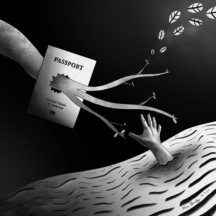 Illustration depicting a hand reaching for a passport, symbolizing Hurricane Helene's impact through surreal imagery.