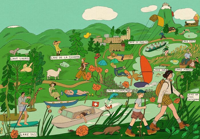 Whimsical and surreal illustration of people enjoying various activities around labeled lakes in a lush, vibrant landscape.