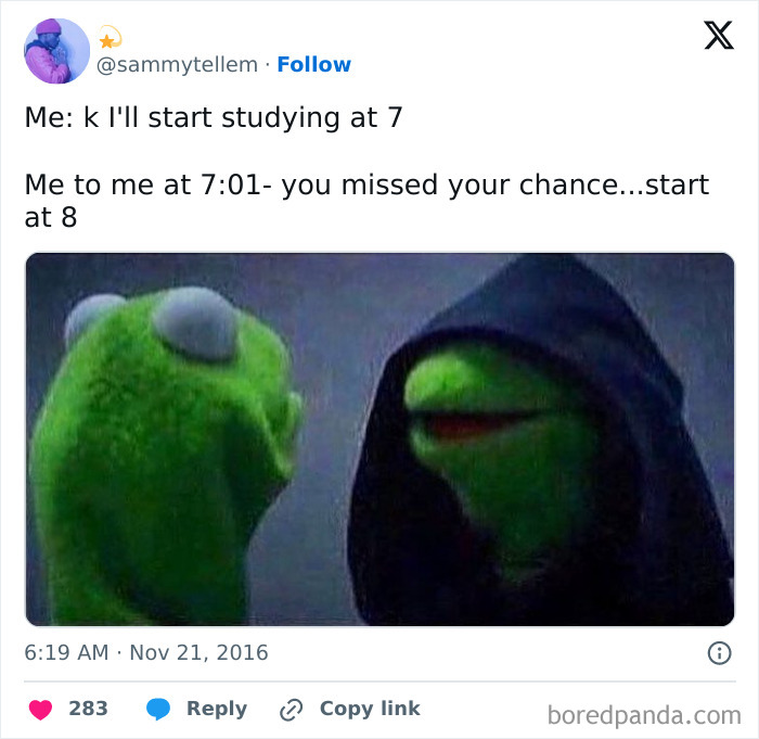 University life meme with Kermit debating study start time.