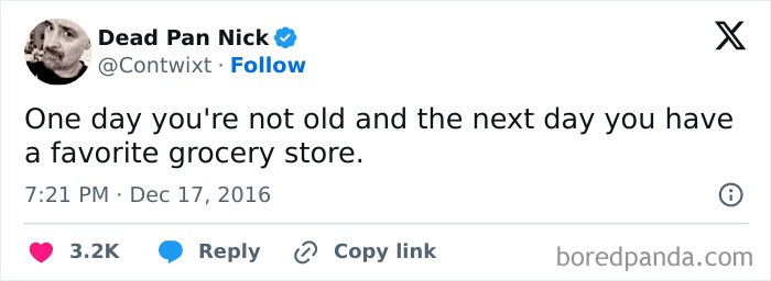 Tweet about being an adult humorously noting the shift to having a favorite grocery store.