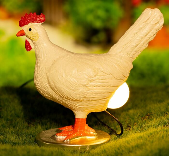 Decorative chicken lamp glowing on grass, one of the coolest things we covet.