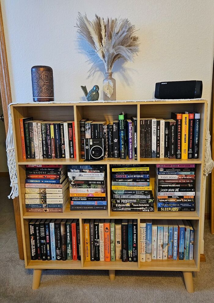 Bookshelf showcasing Amazon furniture with excellent reviews, filled with various books and decorative items.