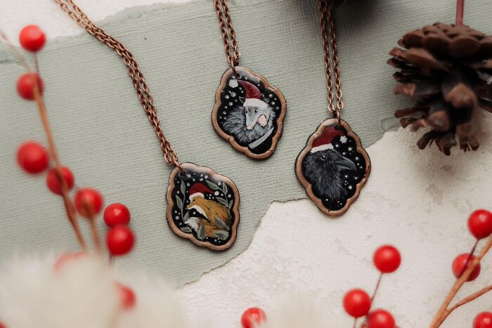 “The Christmas Critters” My Latest Handpainted Necklaces On Clay