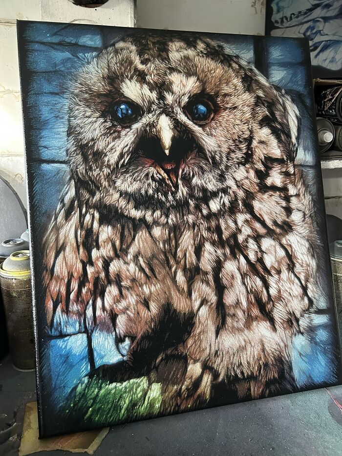 I Decided To Do A Spray Painting Of It 😂 Pretty Pleased With How This Turned Out Loooooooads Of Little Details! I Think It’s A Tawny Owl, Amazing Taxidermy! This Has Been Great Fun To Paint