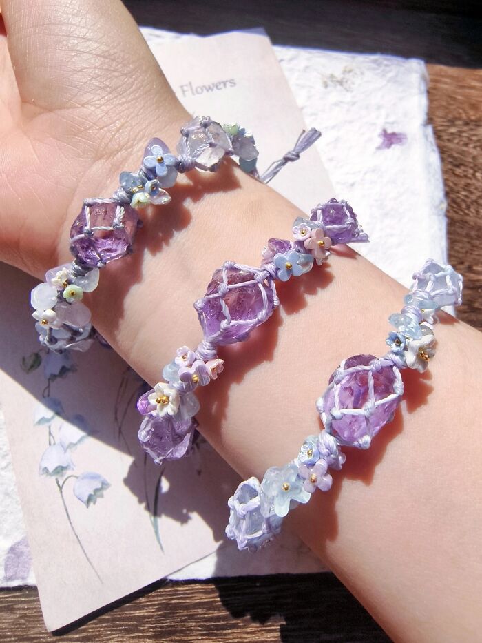 I Used Amethyst, Clear Quartz, And Wax Threads To Weave Some Bracelets. What Do You Think