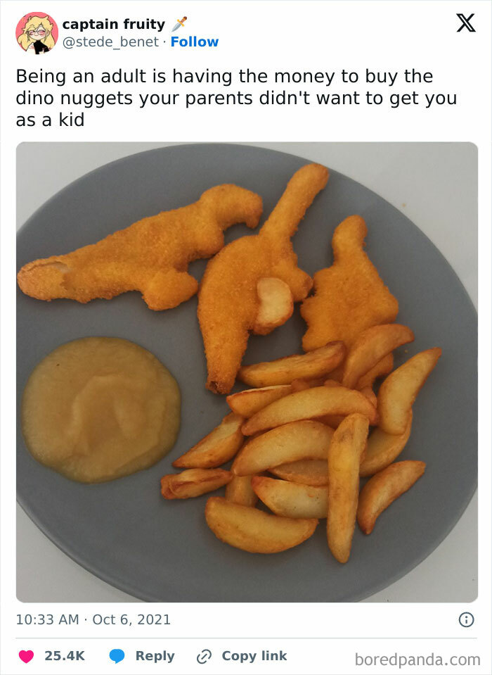 Plate with dinosaur-shaped nuggets and potato wedges, highlighting the humor of being an adult tweets.