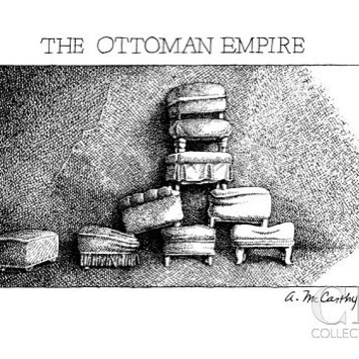 Humorous history meme with ottomans stacked to resemble the Ottoman Empire.