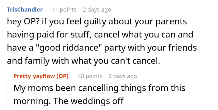 Screenshot of a conversation about a wedding cancellation related to a joke accident pregnancy, upsetting the fiancé.