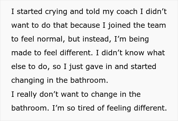 Text about a teen feeling uncomfortable due to a coach's request, expressing feelings of being different and changing in the bathroom.