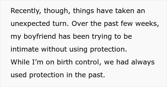 Text about a boyfriend attempting intimacy without protection while partner uses birth control.