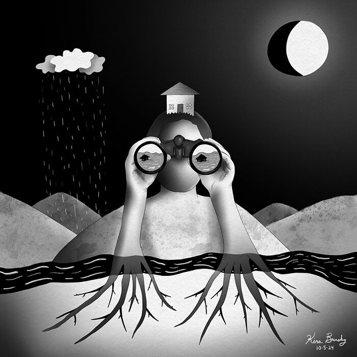 Illustration of a person with binoculars, tree roots, and a house on their head, with storm and crescent moon in the background.