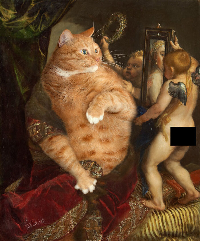 A fat orange cat humorously integrated into a classic art piece, replacing a central figure.