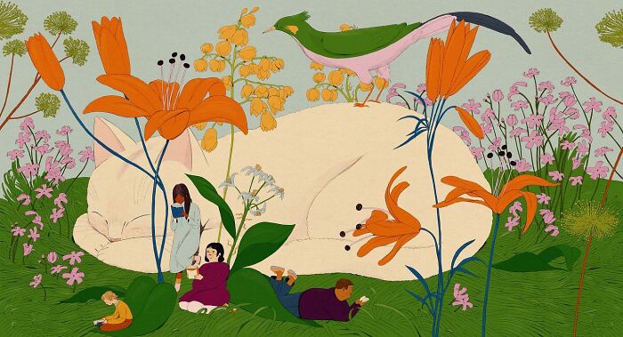 Whimsical and surreal illustration of people and animals relaxing in a vibrant garden with oversized flowers.