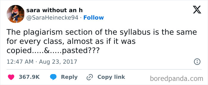 University Life meme joking about plagiarism sections being copied across syllabi.