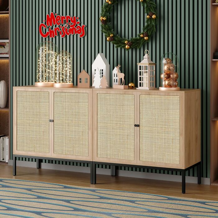 Modern sideboard with festive decor, showcasing Amazon furniture with excellent reviews.