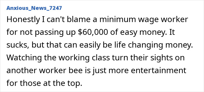 Text message discussing minimum wage workers and life-changing money.