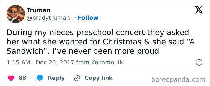 Tweet about preschool concert, Christmas wish for a sandwich, showing pride.