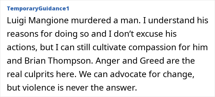 Text discussing Luigi Mangione's arrest, focusing on understanding and compassion amidst anger and greed.