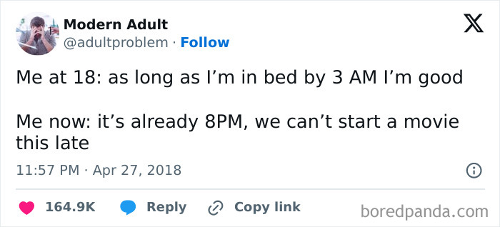 Tweet about adult life changes, highlighting early bedtimes compared to staying up late, from Modern Adult account.