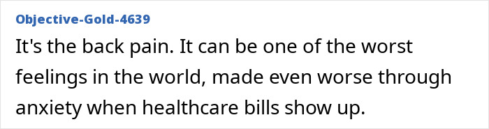 Text description reflecting on back pain and anxiety over healthcare bills.