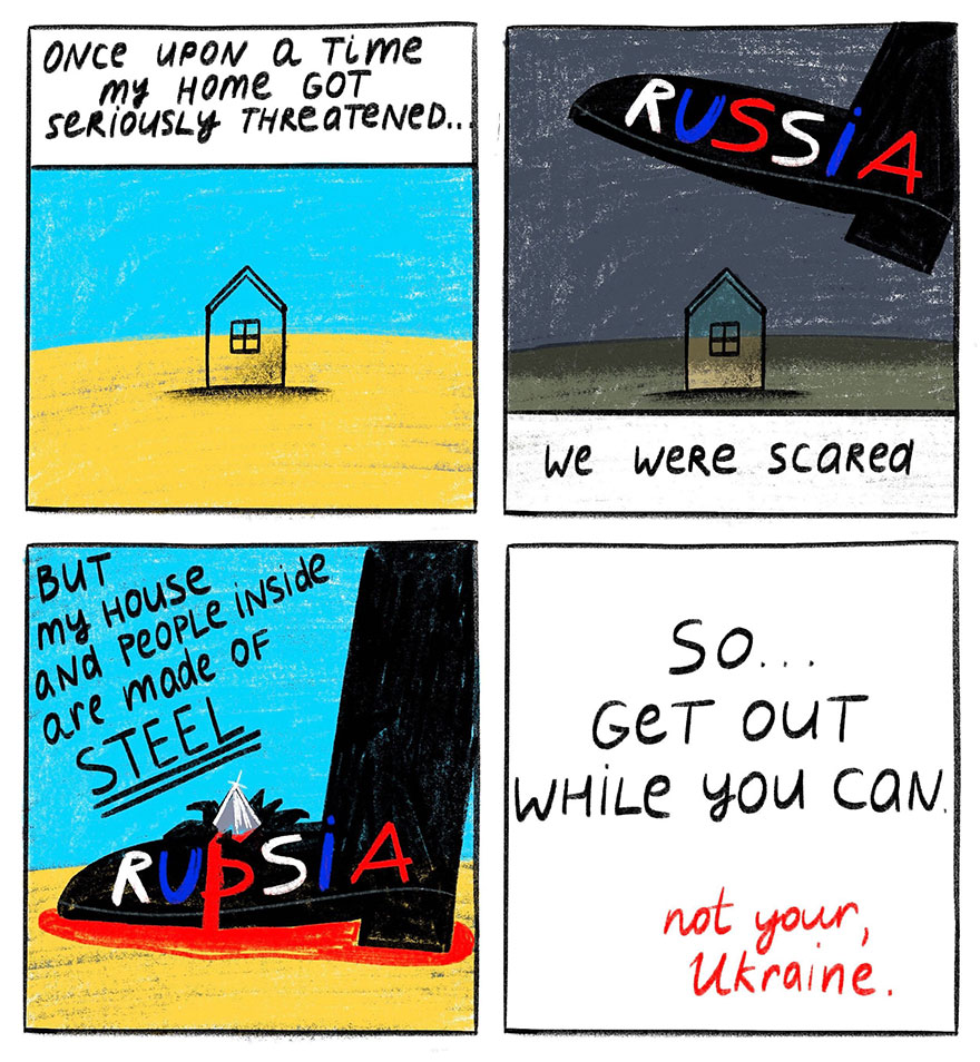 Ukrainian artist comic depicting resilience during war with a house and foot labeled Russia.