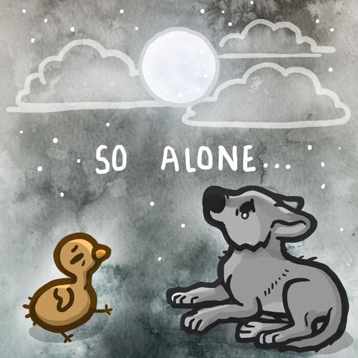 Turkey and Wolf looking at the moon under a cloudy sky, feeling alone. Comic scene by Kitty Moon.