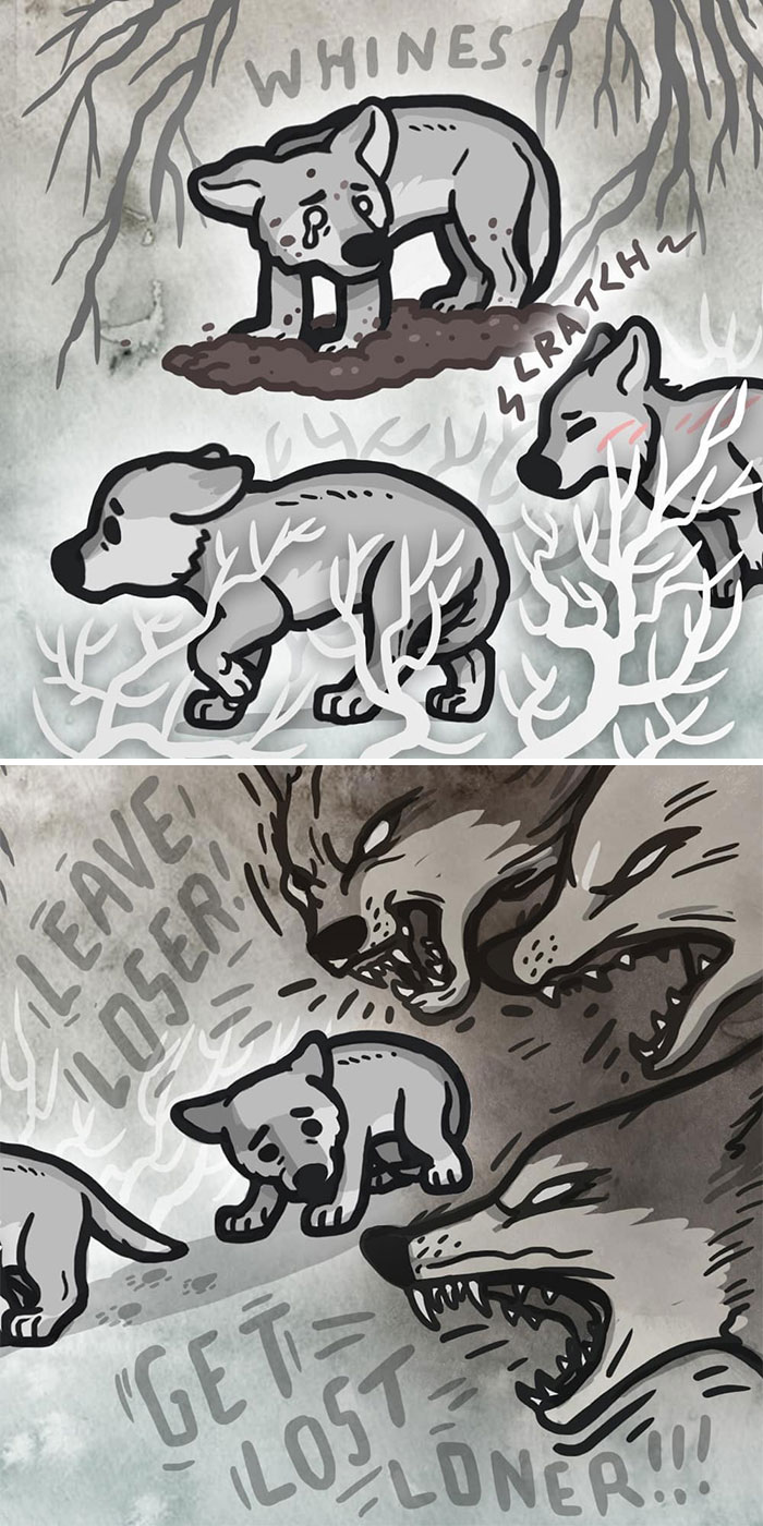 Comic by Kitty Moon featuring a sad wolf pup being scolded, exploring themes of loneliness and rejection.