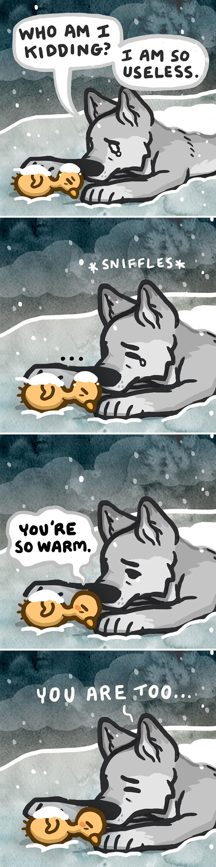 Comic strip by Kitty Moon featuring a heartfelt scene between a wolf and a turkey in the snow.