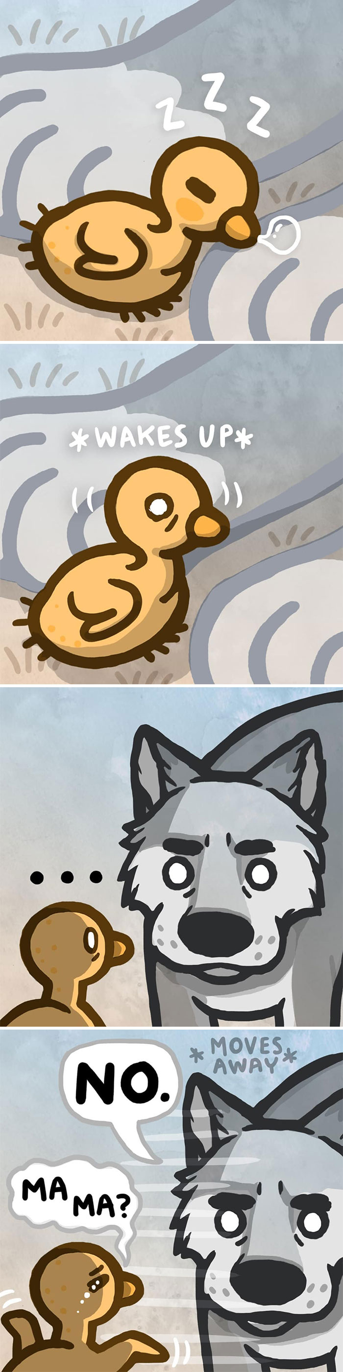 Turkey and wolf comic by Kitty Moon; turkey wakes up and mistakes wolf for a parent, wolf appears surprised.