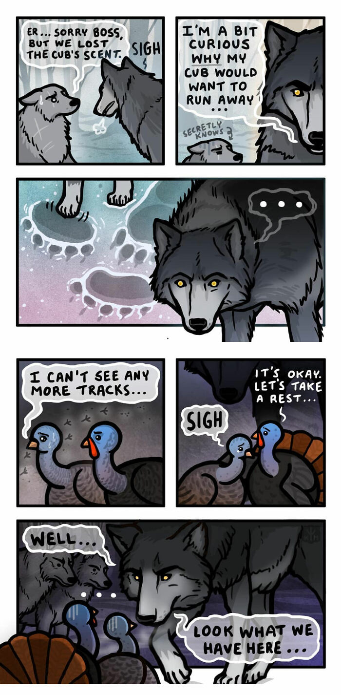 Comic by Kitty Moon showing turkeys and wolves in a forest setting, featuring emotional dialogues and expressions.