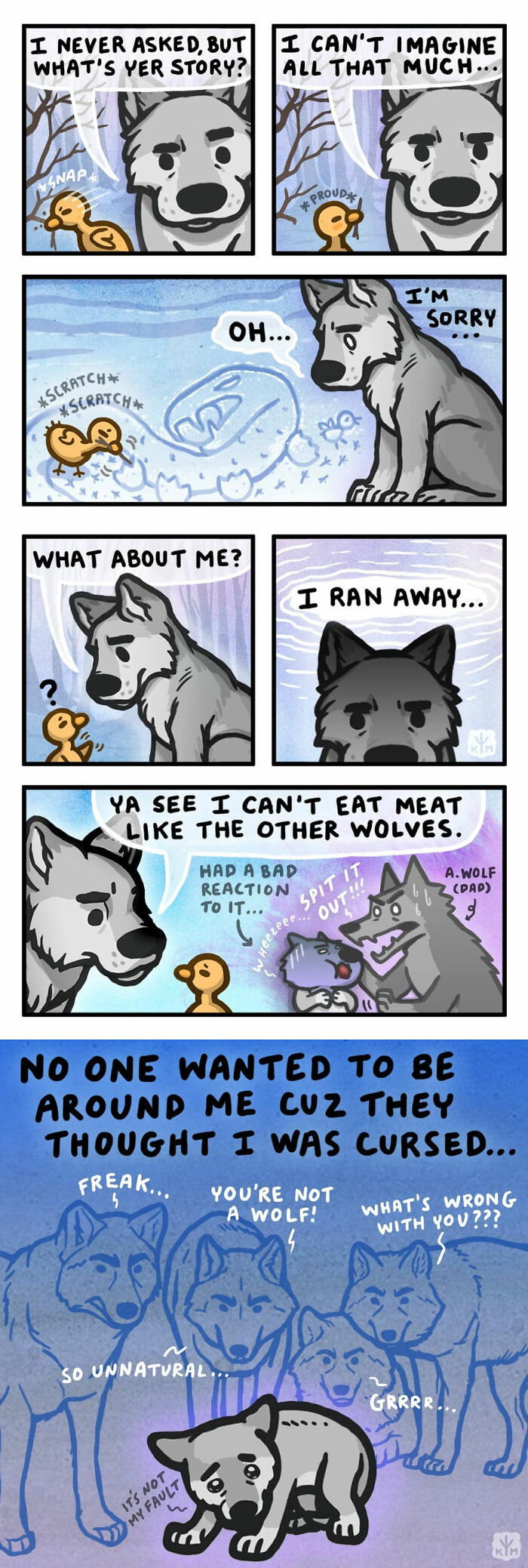 Comic by Kitty Moon showing a wolf explaining its unique story to a turkey, featuring emotional dialogue.