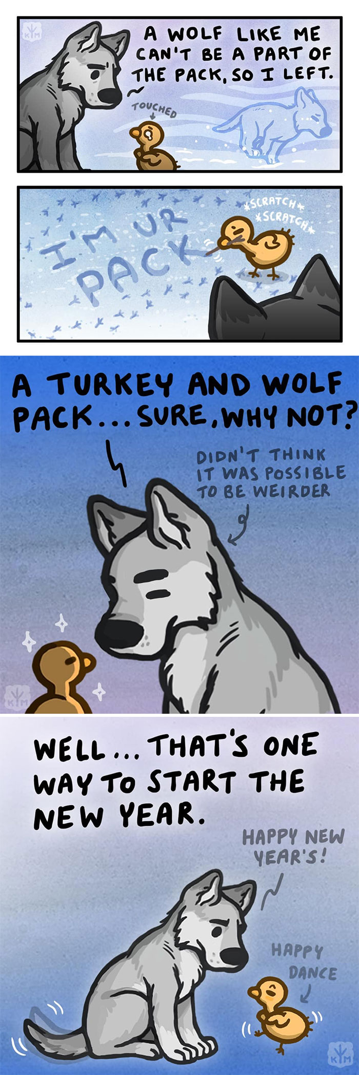 Comic by Kitty Moon of a wolf and turkey forming a pack, with heartwarming moments and a cheerful new year celebration.