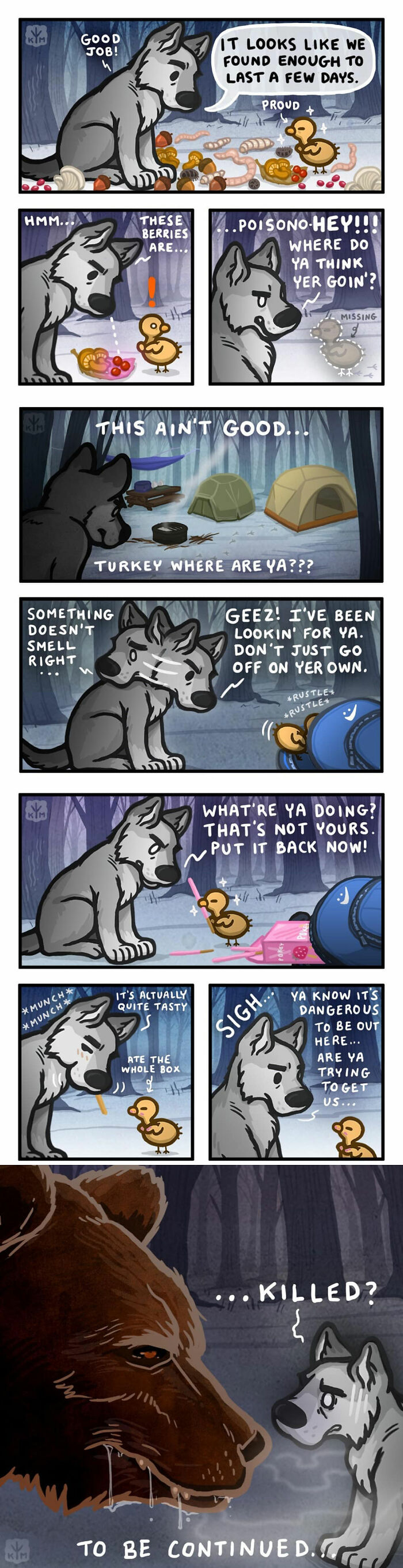 Wolf and Turkey in a tense moment in Kitty Moon's touching comic.