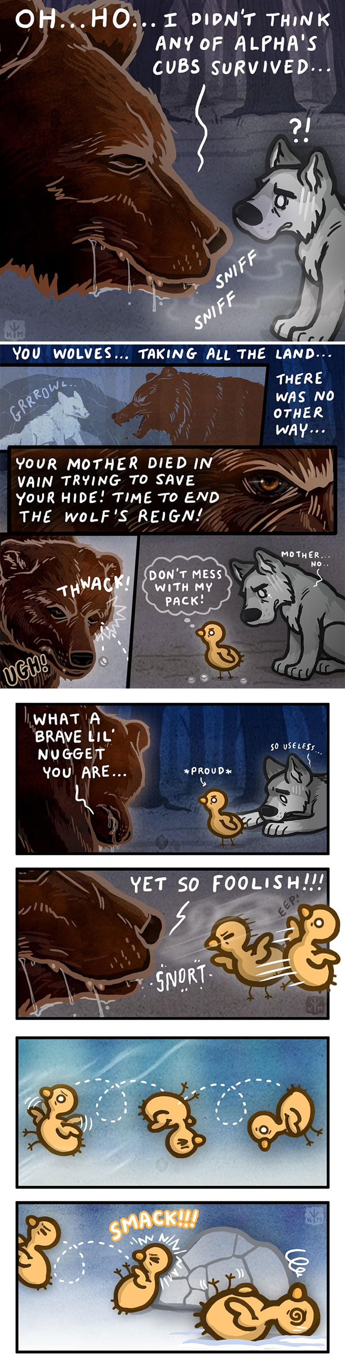 Comic by Kitty Moon showing a bear and wolf interaction, with ducklings adding humor and emotion.